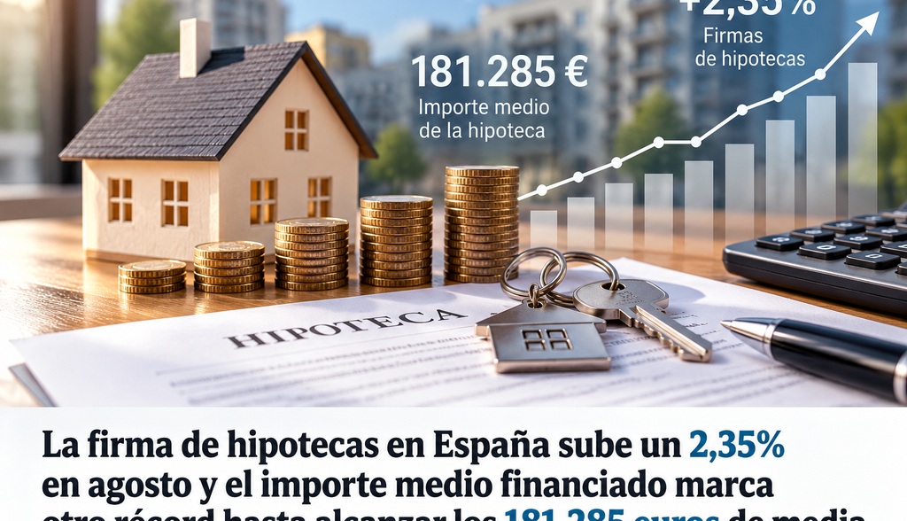 La firma de hipotecas en España sube un 2,35% en agosto y el importe medio financiado marca otro récord hasta alcanzar los 181.285 euros de media