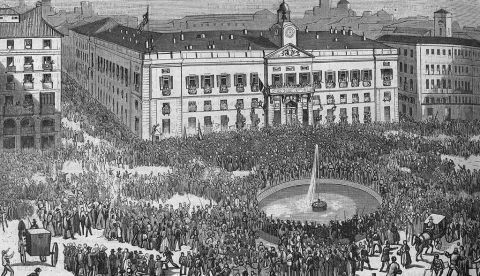 Dibujo de la Puerta del Sol en la mañana del 29 de septiembre de 1868, realizado por Vicente Urrabieta para la revista El Museo Universal. 