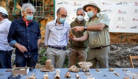 El consejero de Cultura y Turismo de la Junta de Castilla y León, Javier Ortega (2i) y los codirectores de los yacimientos de Atapuerca, Juan Luis Arsuaga (i), José María Bermúdez de Castro (2d) y Eudald Carbonell (d), han presentado el balance de la campaña de excavaciones 2020. EFE/Santi Otero