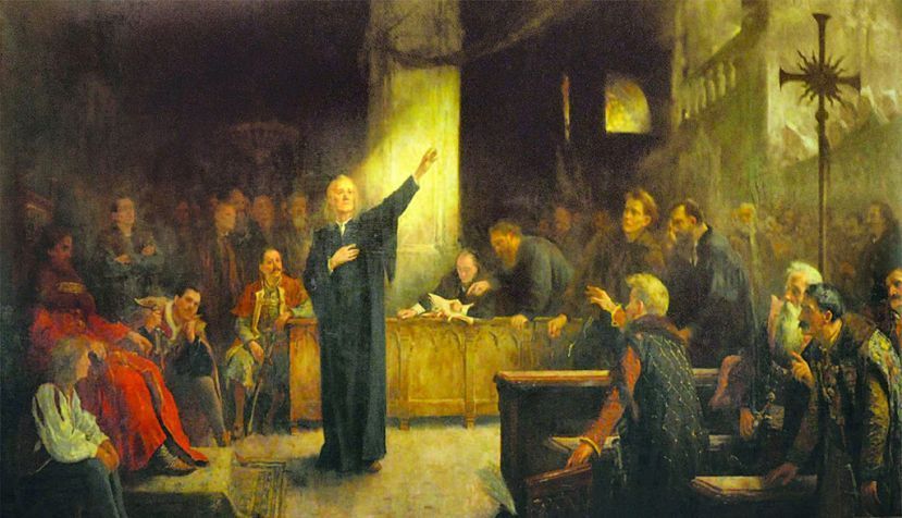 Declaración de libertad religiosa y de conciencia en la dieta de Torda por Ferenc Dávid en 1568. (obra de Aladár Körösfői-Kriesch) / WIkipedia