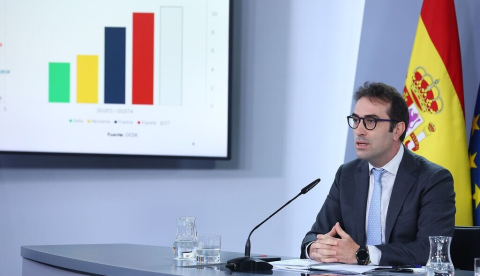 El vicepresidente primero y ministro de Economía, Comercio y Empresa, Carlos Cuerpo, durante la rueda de prensa posterior al Consejo de Ministros | La Moncloa, Madrid - 29.6.2026