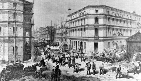 Estampa que muestra las obras de construcción y urbanización en la calle Claudio Coello en 1872. Imagen: Memoria de Madrid