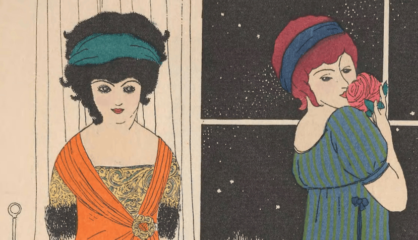 Ilustración de dos vestidos de Poiret hecha por Paul Iribe para Les Robes de Paul Poiret. Wikimedia Commons