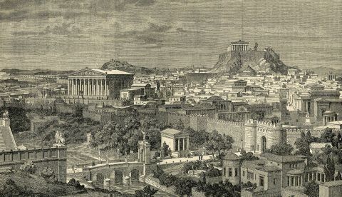 Dibujo de Gustav Adolf Closs de una reconstrucción de la Antigua Atenas (1897). / Wikipedia.