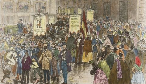 Ilustración de la Manifestación de la Sociedad Abolicionista Española en Madrid, 12 de enero de 1873. Fuente: Biblioteca Digital Memoria de Madrid.