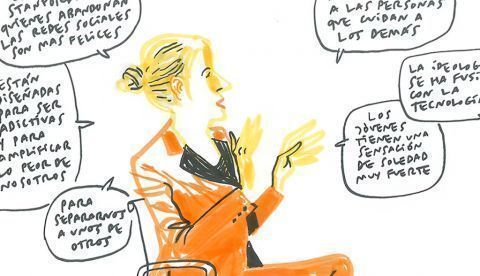 Noreena Hertz durante el Foro TELOS una ilustracion de Enrique Flores. Telos / Enrique Flores
