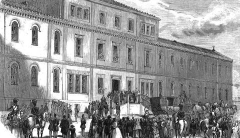 Inauguración del hospital antiguo, en 1857. Grabado publicado en El Museo Universal.