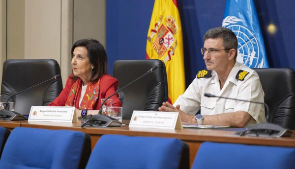 La ministra de Defensa, Margarita Robles, durante la reunión por videoconferencia con el mando del contingente desplegado en Líbano. / © lamoncloa.gob.es. Ministerio de la Presidencia.
