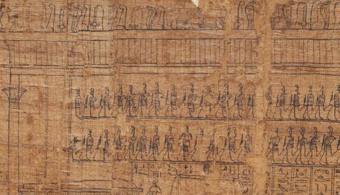 Dioses del tribunal en el juicio final del difunto tocados e inspirados con la pluma de Maat (pap. funerario de época ptolemaica, 200 a. C.; Metropolitan Museum of Art, pieza cat. MMA 66.99.142) Metropolitan Museum of Art