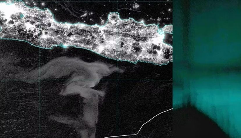 A la izquierda, un mar de leche se arremolina frente a la costa de Java, Indonesia, en una imagen satelital. A la derecha, una de las fotos tomada por los tripulantes de un barco que avistaron el fenómeno. Steven Miller, Leon Schommer y Naomi McKinnon, Universidad Nacional de Australia