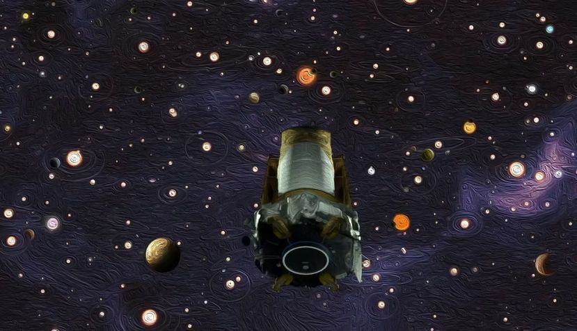 Ilustración que representa el legado del telescopio espacial Kepler de la NASA. Tras nueve años en el espacio profundo recopilando datos que revelaron que nuestro cielo nocturno está repleto de miles de millones de planetas ocultos, Kepler se quedó sin el combustible necesario para realizar más operaciones científicas en 2018. NASA/Ames Research Center/W. Stenzel/D. Rutter, CC BY-SA