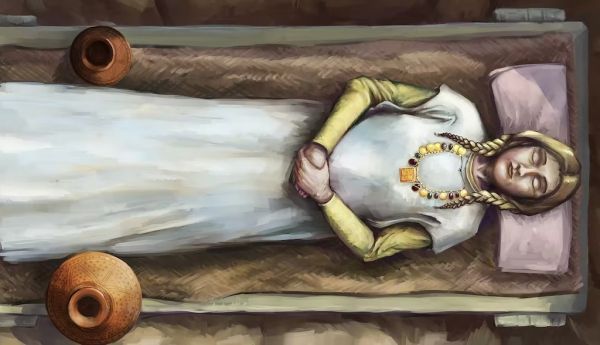 A reconstruction of the Harpole burial. MOLA / Hugh Gatt