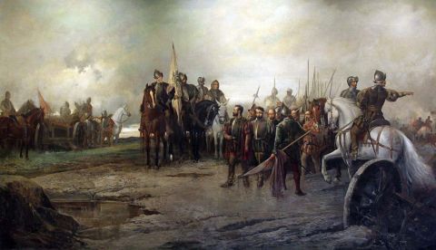 Óleo de Manuel Picolo López que muestra la rendición de los líderes comuneros (1887, Palacio del Marqués de Salamanca).