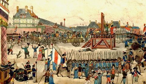 La ejecución de Robespierre. El hombre decapitado que se observa es Couthon; el cuerpo de La Bas está tendido en el suelo; Robespierre aparece sentado en el carro cerca del cadalso con un pañuelo sobre la boca. / Wikipedia