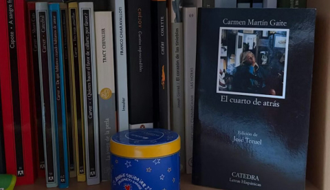  Fotografía del ejemplar del libro en una estantería. Edición de Cátedra de El cuarto de atrás de Carmen Martín Gaite. C.L.R.