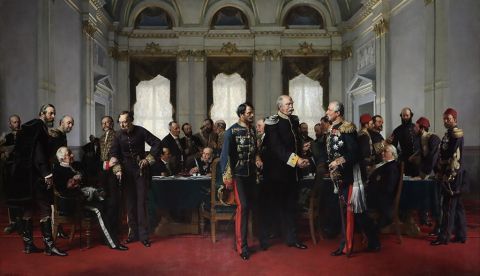 Anton von Werner, En el Congreso de Berlín (1878), el alto Bismarck de la derecha estrecha la mano de Gyula Andrássy y Pyotr Andreyevich Shuvalov ; a la izquierda están Alajos Károlyi, Alexander Gorchakov y Benjamin Disraeli