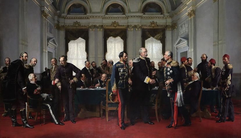 Anton von Werner, En el Congreso de Berlín (1878), el alto Bismarck de la derecha estrecha la mano de Gyula Andrássy y Pyotr Andreyevich Shuvalov ; a la izquierda están Alajos Károlyi, Alexander Gorchakov y Benjamin Disraeli