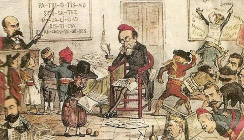 Caricatura de la revista La Flaca (1873) en la que aparece Francisco Pi y Margall en el centro desbordado por figuras infantiles ataviadas con los distintos trajes regionales, y a la izquierda Emilio Castelar intentado poner orden. El fracaso de la República Federal de 1873-1874 bloqueó el proceso de ensanchamiento de la base social de la nación española y de debilitamiento de las fidelidades subestatales. / Wikipedia