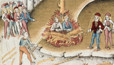 Quema del caballero de Hohenberg y de su sirviente condenados a morir en la hoguera por sodomía junto a la muralla de Zúrich, 1482. / Wikipedia.