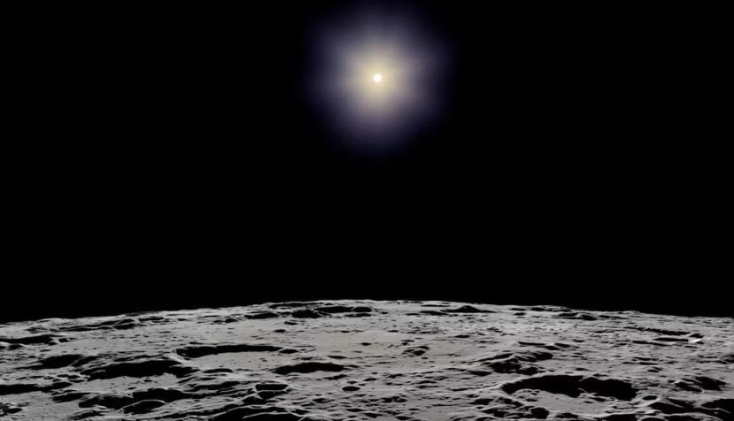 El Sol visto desde la Luna, desde Hadley Rille, el lugar de aterrizaje del Apolo 16. La topografía y las sombras son científicamente precisas. NASA/Ernie Wright, CC BY
