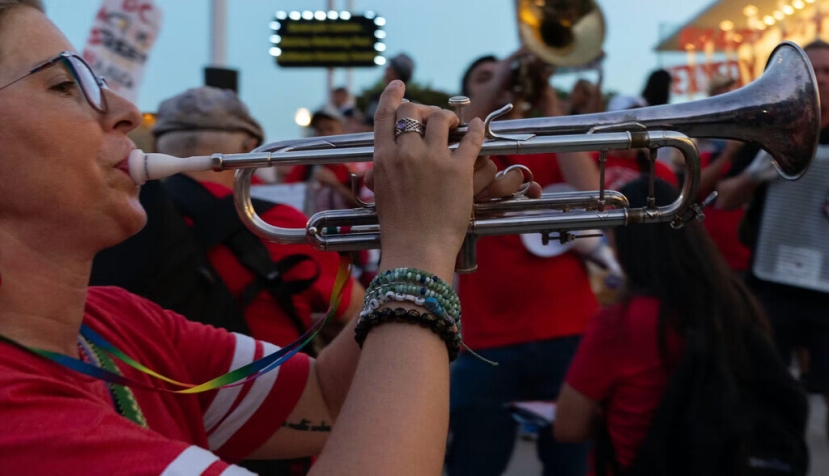 Musicians perform during a rally against the closing of the John F. Kennedy Center for the Performing Arts on Sept. 18, 2026. AP Photo/Jose Luis Magana