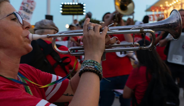 Musicians perform during a rally against the closing of the John F. Kennedy Center for the Performing Arts on Sept. 18, 2026. AP Photo/Jose Luis Magana