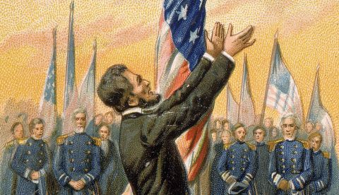 Ilustración del presidente Abraham Lincoln gesticulando mientras pronuncia el Discurso de Gettysburg, Pensilvania, 19 de noviembre de 1863.