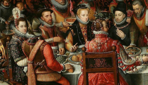  Pintura de unos reyes en una mesa comiendo rodeados de más personas. El banquete de los monarcas, de Alonso Sánchez Coello. Museo Nacional de Varsovia/Wikimedia Commons