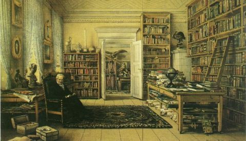 Eduard Hildebrandt: "Alexander von Humboldt en su biblioteca en la Oranienburger Straße 67 en Berlin". Según Humboldt, era una representación muy fiel de la biblioteca de su piso de Berlín. Recibía a sus numerosos visitantes o en la biblioteca o en el estudio que se ve a través de la puerta.