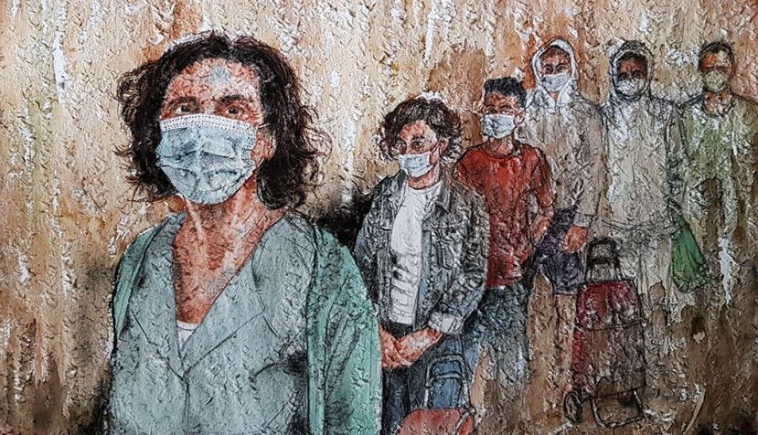© "Las colas del hambre" (Acuarela, sanguina y carbón prensado sobre papel) de Damián Retamar.
