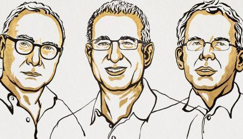 Card, Angrist e Imbens dibujados por Niklas Elmehed. nobelprize.oeg