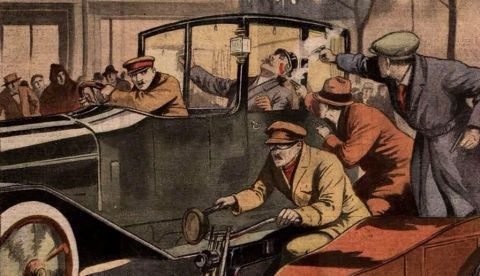 Portada de Le Petit Journal con ilustración a página completa de la recreación del momento del asesinato del presidente Dato. Dominio público.