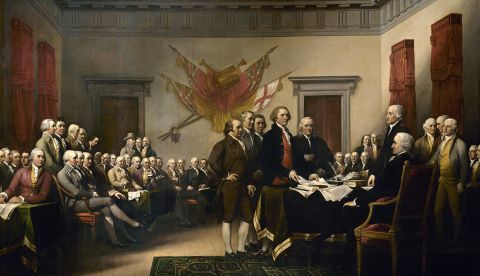 La famosa pintura de John Trumbull es identificada erróneamente como una representación de la firma de la Declaración, pero en realidad muestra al comité de redacción presentando su trabajo al Congreso.