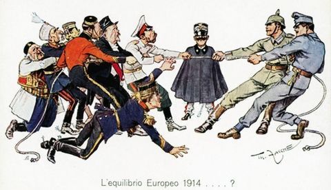 «El equilibrio europeo en 1914…», caricatura italiana de la época que muestra al rey Víctor Manuel III entre los Aliados y los Imperios centrales. / Wikipedia