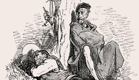 Quijote mirando a Sancho Panza durmiendo. Gustave Doré, 1883. 