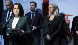 Belarusian opposition leader Sviatlana Tsikhanouskaya gives a press conference to denouce the results of the 2025 Belarus election. EPA-EFE/Rafal Guz