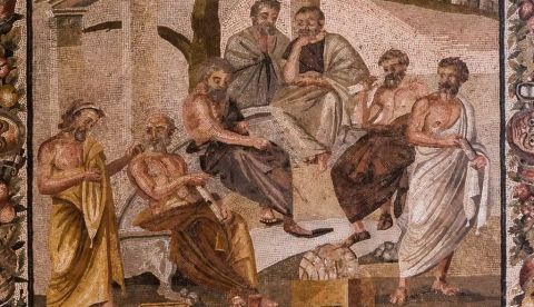 Mosaico de la Academia de Platón, del siglo I a.e.c., procedente de Pompeya, actualmente en el Museo Nacional Arqueológico de Nápoles. Wikimedia Commons