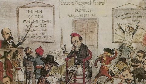 Pi y Margall se ve desbordado por el federalismo, representado en figuras infantiles ataviadas con los distintos trajes regionales. / Wikipedia