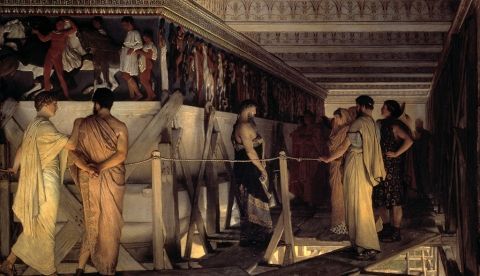 Fidias mostrando el friso del Partenón a Pericles, Aspasia, Alcibíades y amigos, cuadro de Lawrence Alma-Tadema (1868), Birmingham Museum &amp; Art Gallery. / Wikipedia