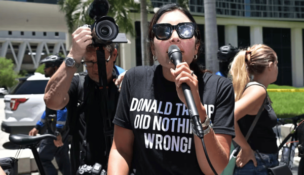 Far-right activist Laura Loomer at a pro-Trump rally in Miami, US, in June 2023. Sipa US / Alamy Stock Photo