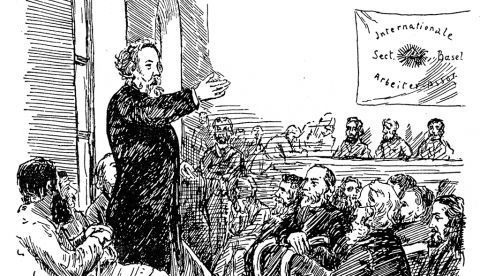 Bakunin hablando a los trabajadores de la AIT en el Congreso de Basilea, en Suiza. Grabado de 1869. / Wikipedia.