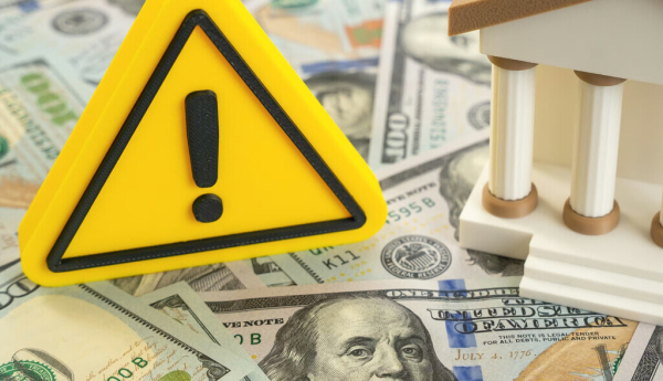  Señal de peligro junto a una figura que representa un banco situados sobre una alfombra de billetes Andrii Yalanskyi/Shutterstock