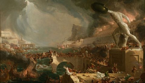 Entre 1833 y 1836, Thomas Cole, pintó su visión de la evolución de la sociedad humana en la que quizás fue la primera obra pictórica sobre la distopía que anunciaba la Revolución Industrial. En los cinco grandes lienzos de su Eden to Empire, describió un arco trazado desde la naturaleza virgen hasta la desolación. En la imagen, el último de esos lienzos: The Course of Empire: Destruction. Colección de la Sociedad Histórica de Nueva York. Dominio Público.