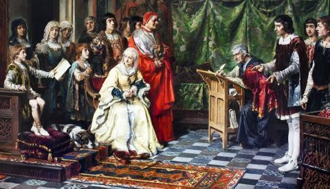 ‘Educación del príncipe don Juan’, de Martínez Cubells (el lienzo representa a la reina Isabel la Católica y al cardenal Cisneros, entre otros personajes, educando al príncipe Juan de Aragón). Museo del Prado / Wikimedia Commons