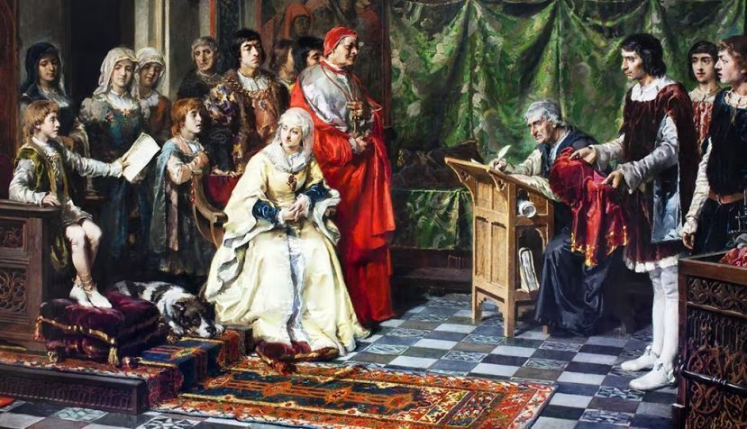 ‘Educación del príncipe don Juan’, de Martínez Cubells (el lienzo representa a la reina Isabel la Católica y al cardenal Cisneros, entre otros personajes, educando al príncipe Juan de Aragón). Museo del Prado / Wikimedia Commons