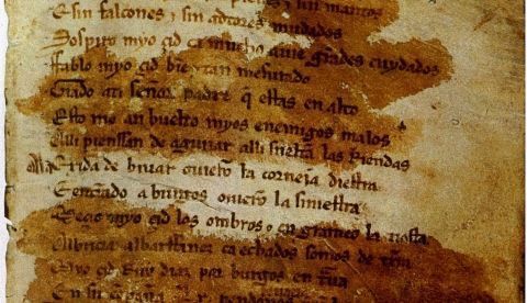 Reproducción del primer folio del manuscrito del Cantar de mio Cid conservado en la Biblioteca Nacional de España. / Wikipedia.