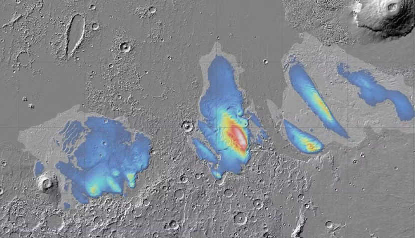 El volumen total de hielo contenido en los depósitos de Medusae Fossae, en el ecuador marciano, sería de 400.000 km3. Planetary Science Institute/Smithsonian Institution, CC BY