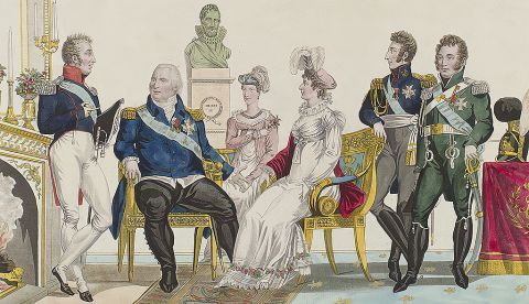 La familia real. De izquierda a derecha: Carlos, el conde de Artois, Luis XVIII, Maria Carolina, duquesa de Berry, María Teresa, duquesa de Angulema, Luis Antonio, Duque de Angulema y Carlos Fernando, Duque de Berry. / Wikipedia.