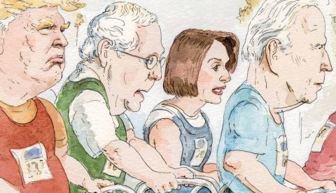 En la imagen aparecen caricaturizados Donald Trump, Mitch McConnell, de 81 años y líder de la minoría republicana en el Senado, Nancy Pelosi, que acaba de anunciar que piensa presentarse a la reelección a sus 83 años, y Joe Biden.