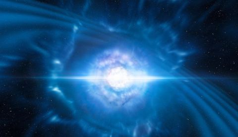 Dos estrellas de neutrones desde una perspectiva horizontal. Crédito: NASA